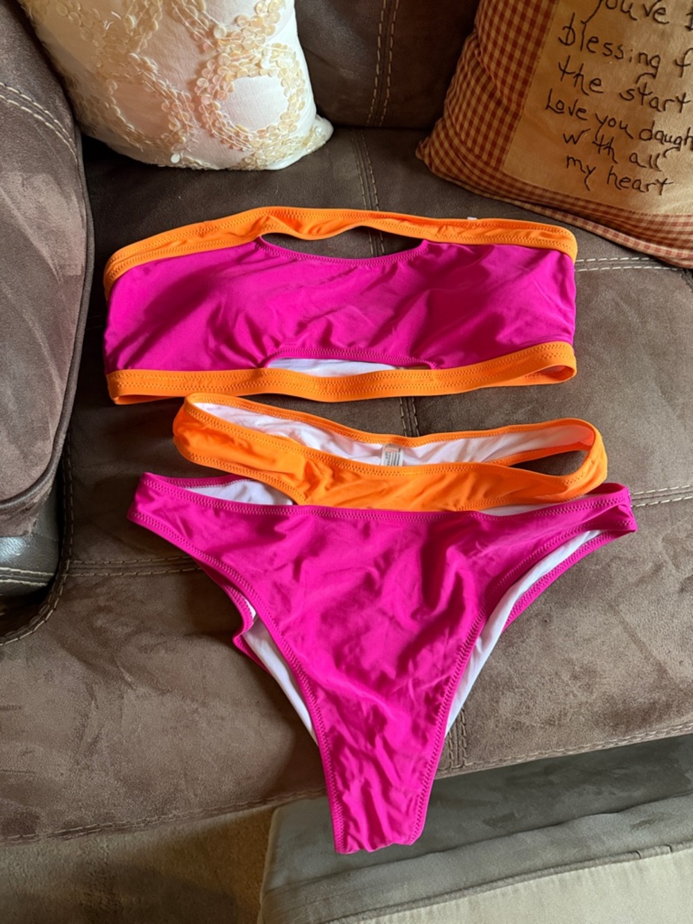 Women’s Two-Piece Bandeau Swim Set in Hot Pink and Orange